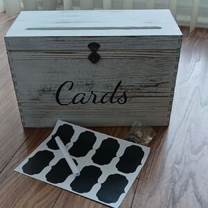 Rustic Wooden Card Box with Chalkboard Labels. Heart Shaped Lock w key